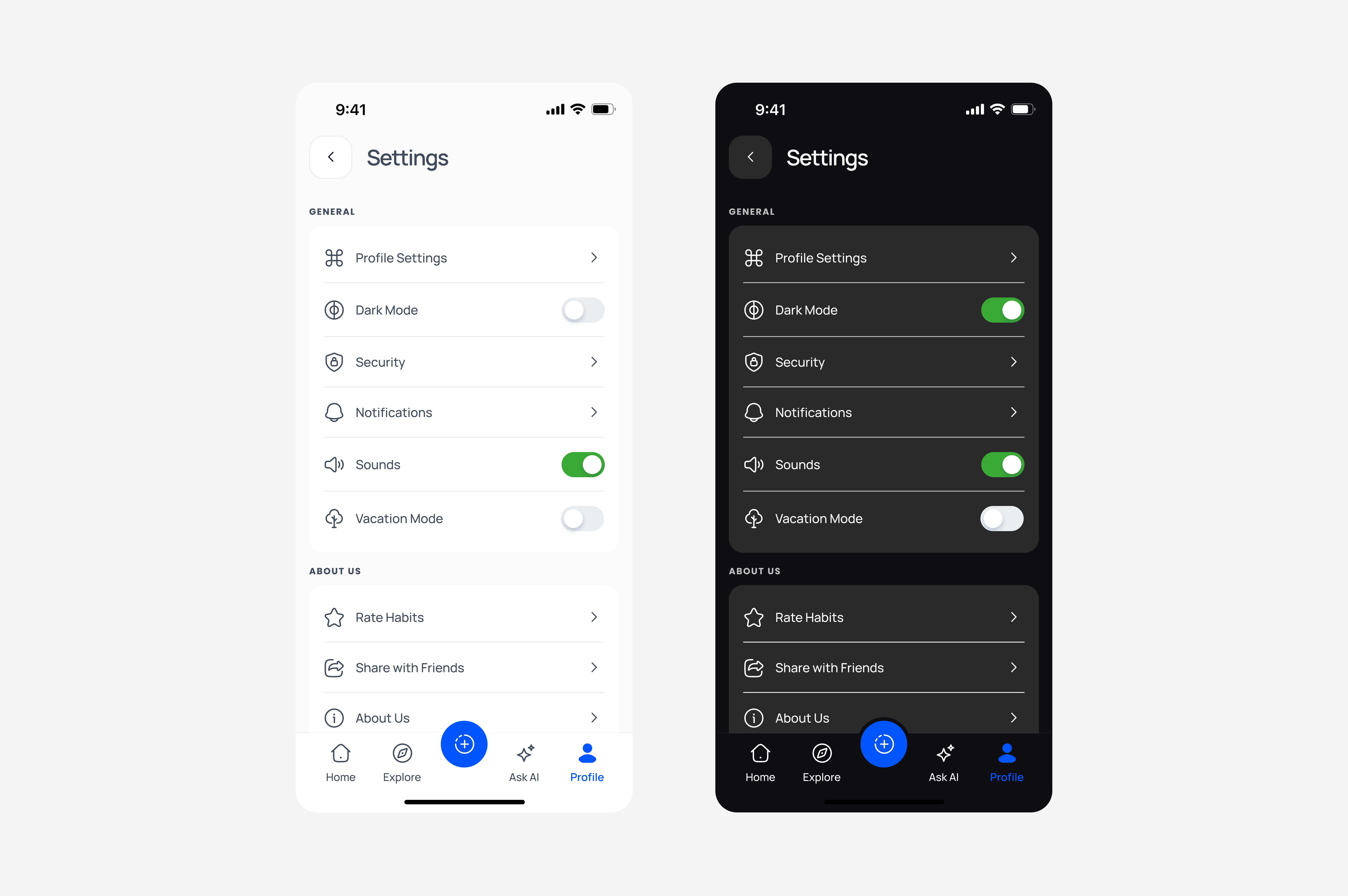 Settings page design