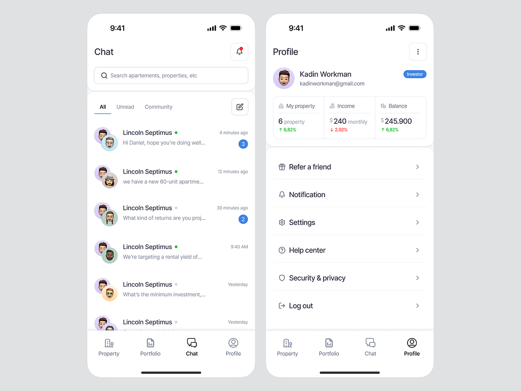 Apartment Investment Mobile App - Chat and Profile