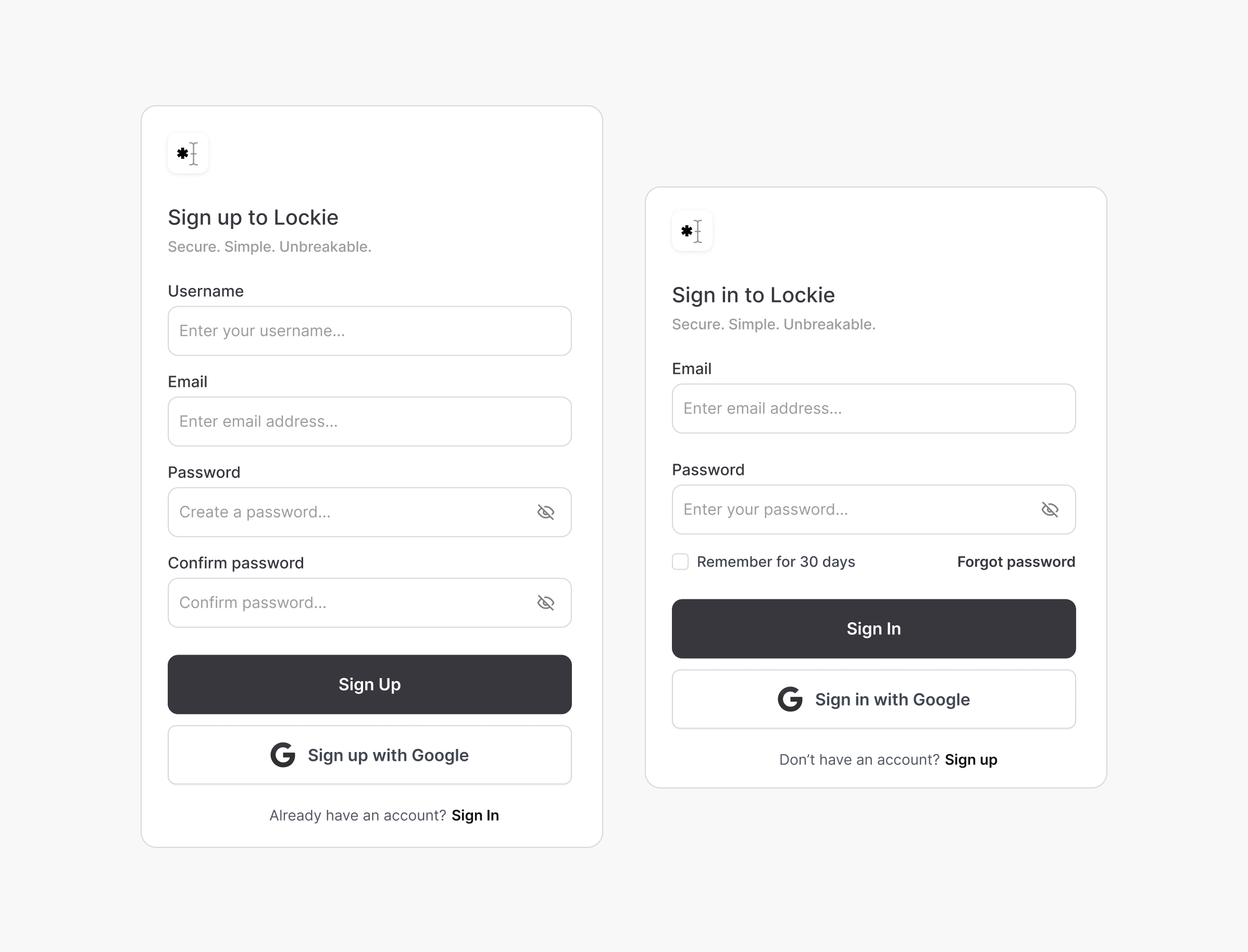 Lockie Password Manager — Sign Up & Sign In modals