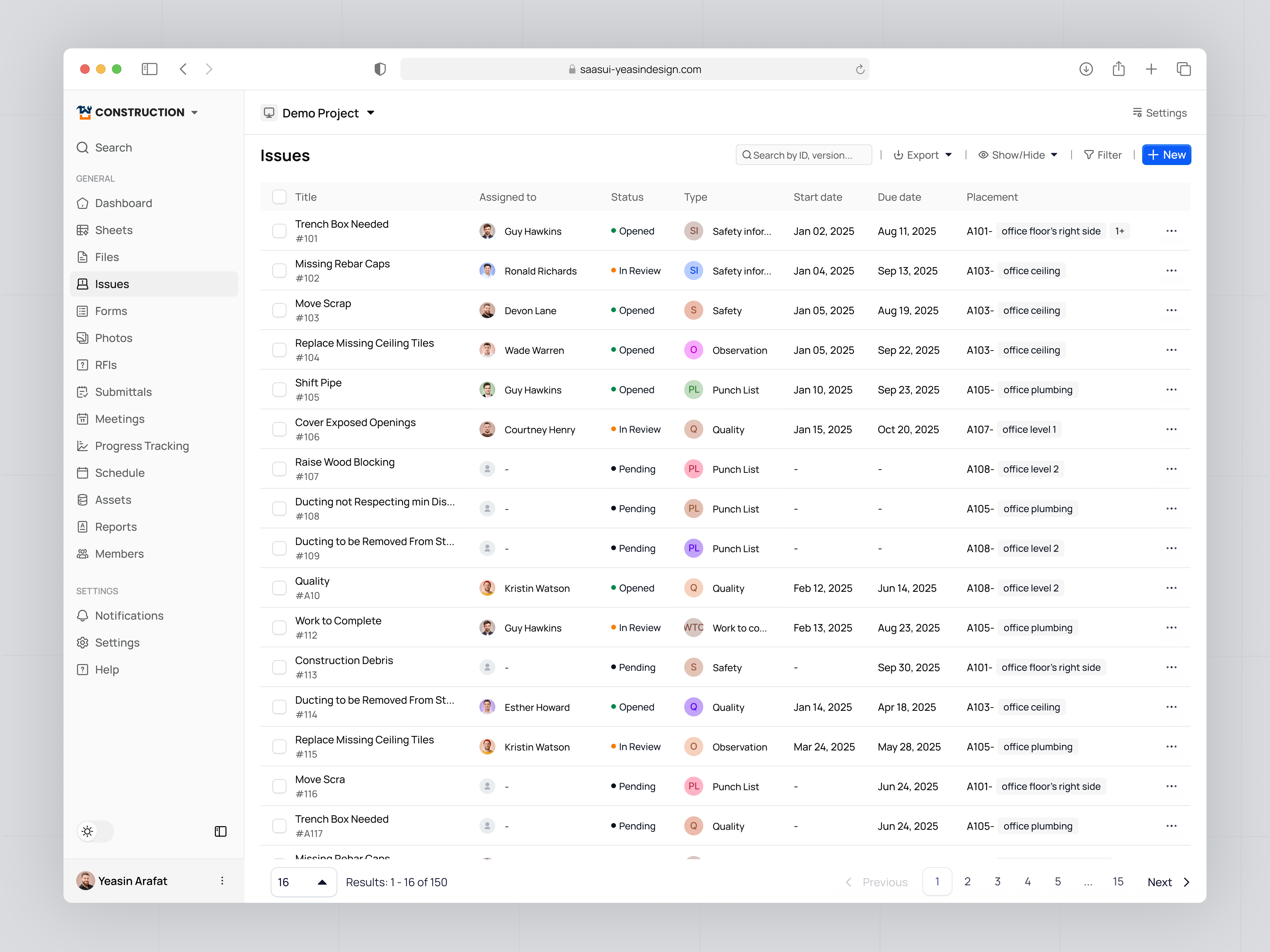 Issues Table UI – Construction Management SaaS Web App