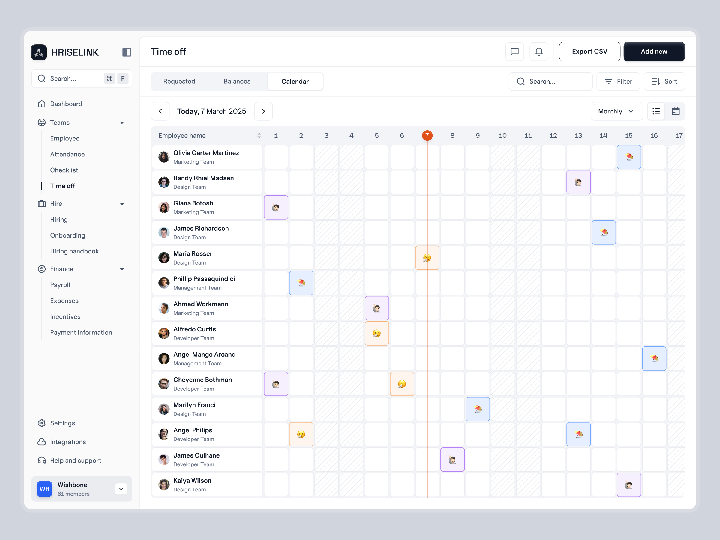 HRISELINK - Time Off Calendar UI