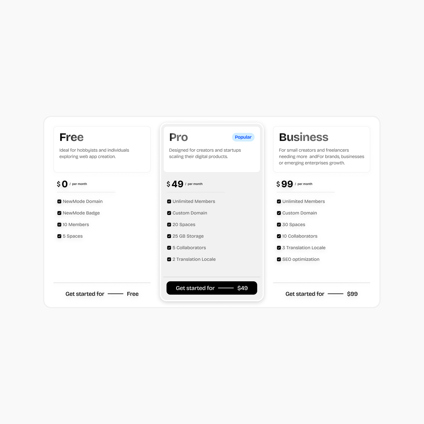 Pricing section UI