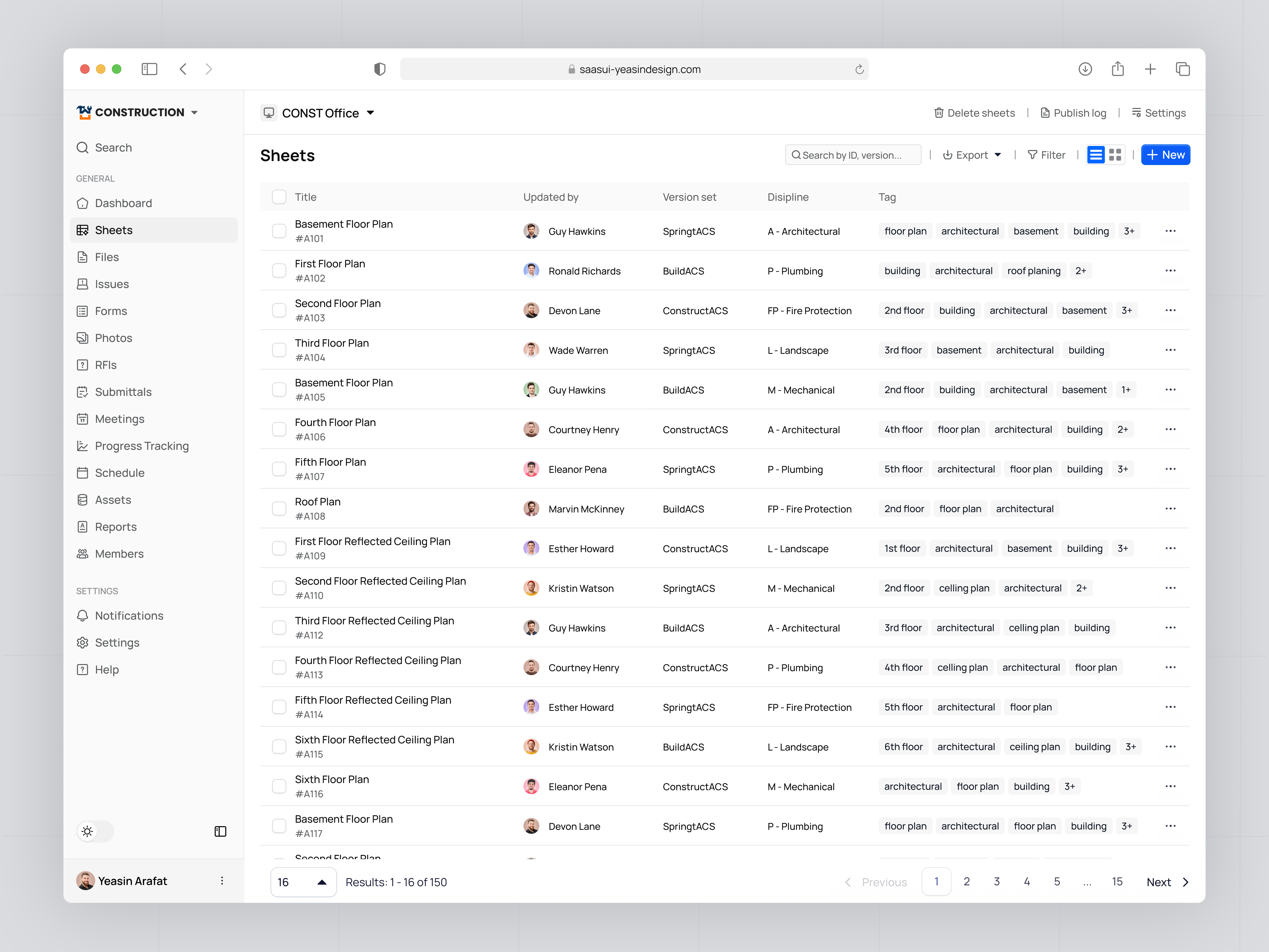Sheets Table UI – Construction Management SaaS Web App