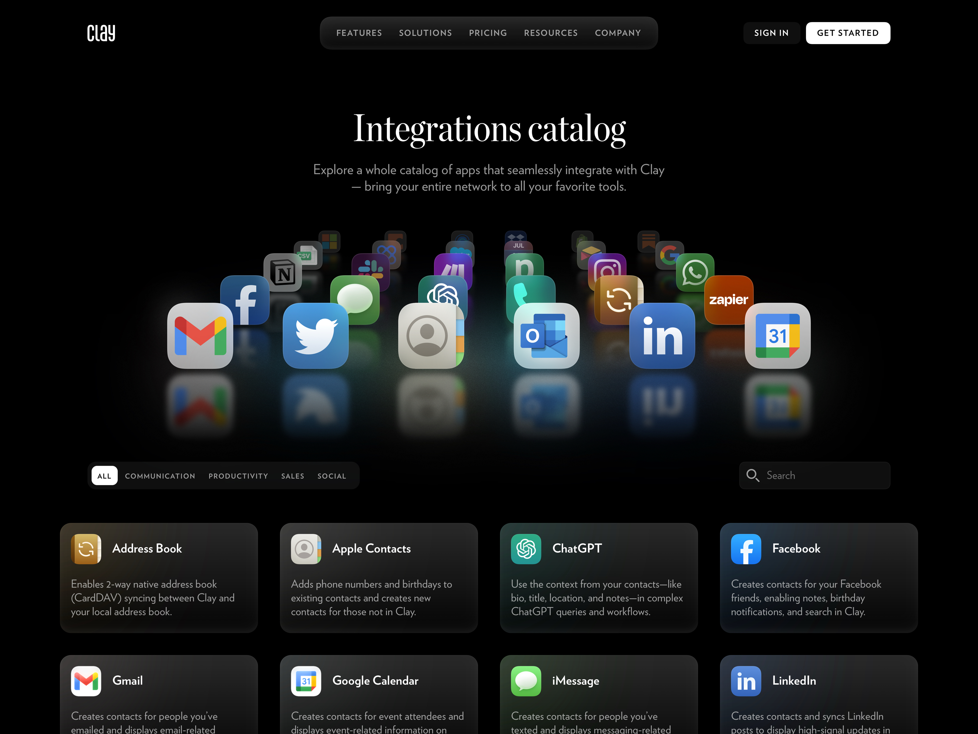 Clay - Integrations page dark mode
