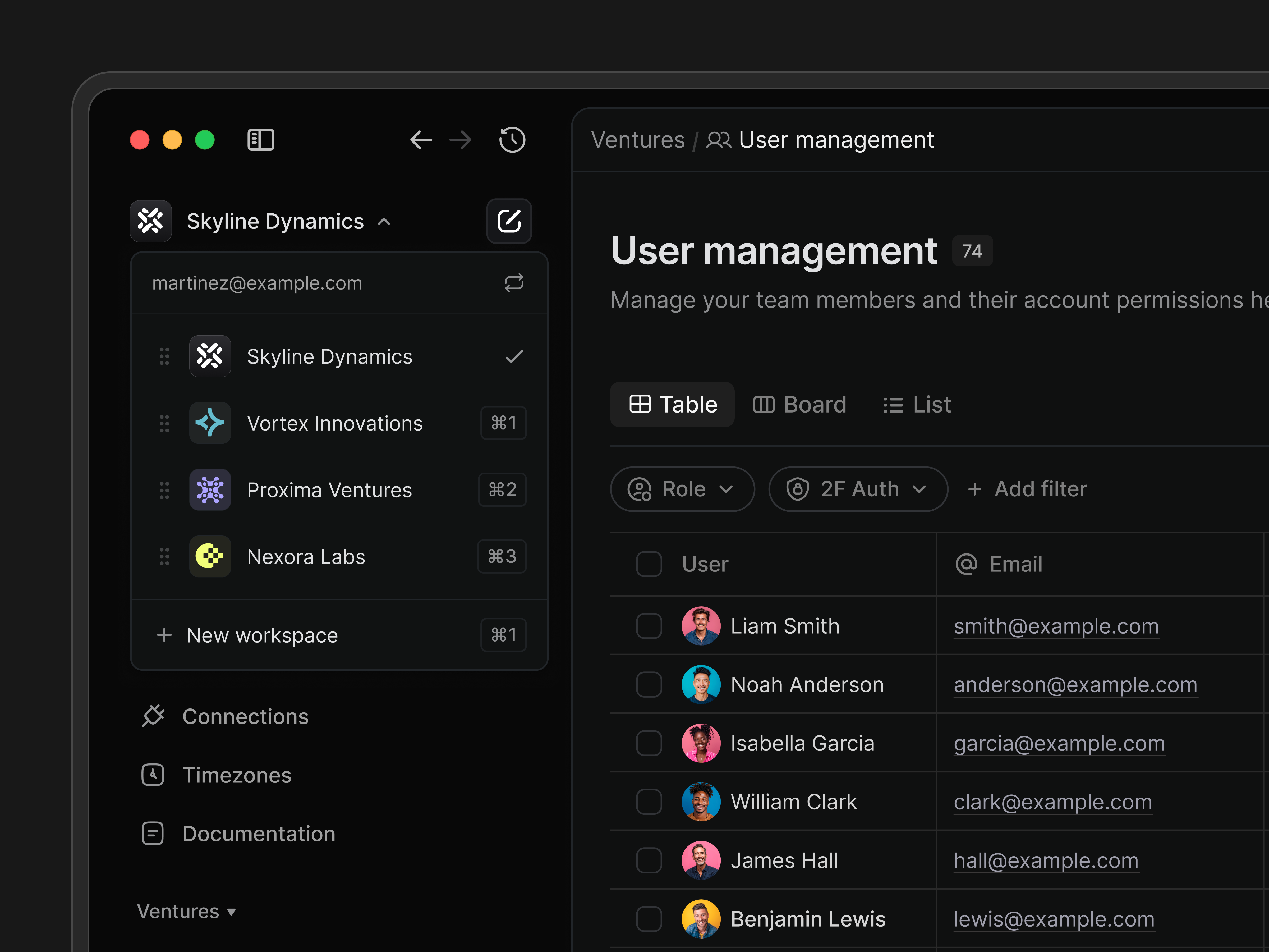 User account dropdown menu