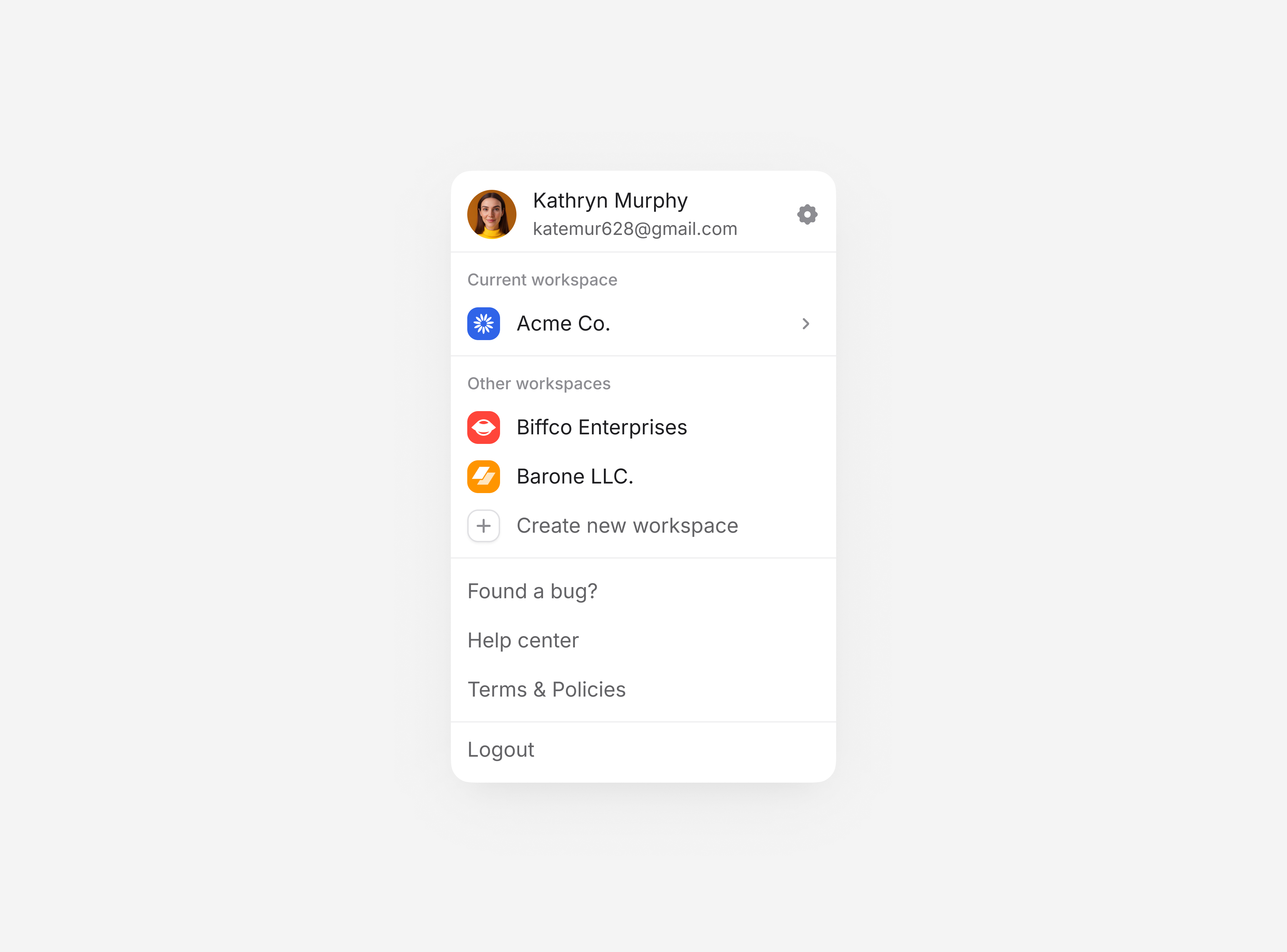 Profile dropdown