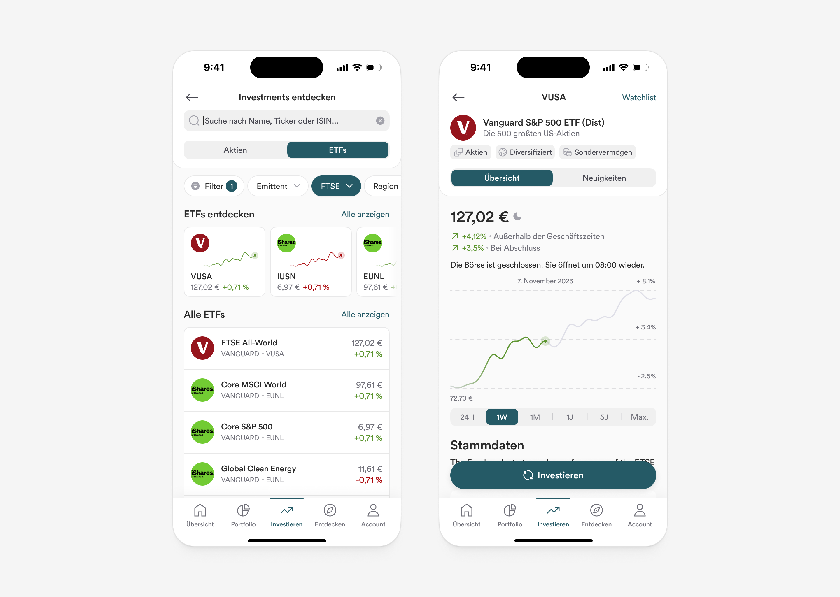 Finance Investment App Concept: ETF Search and Product Detail Page