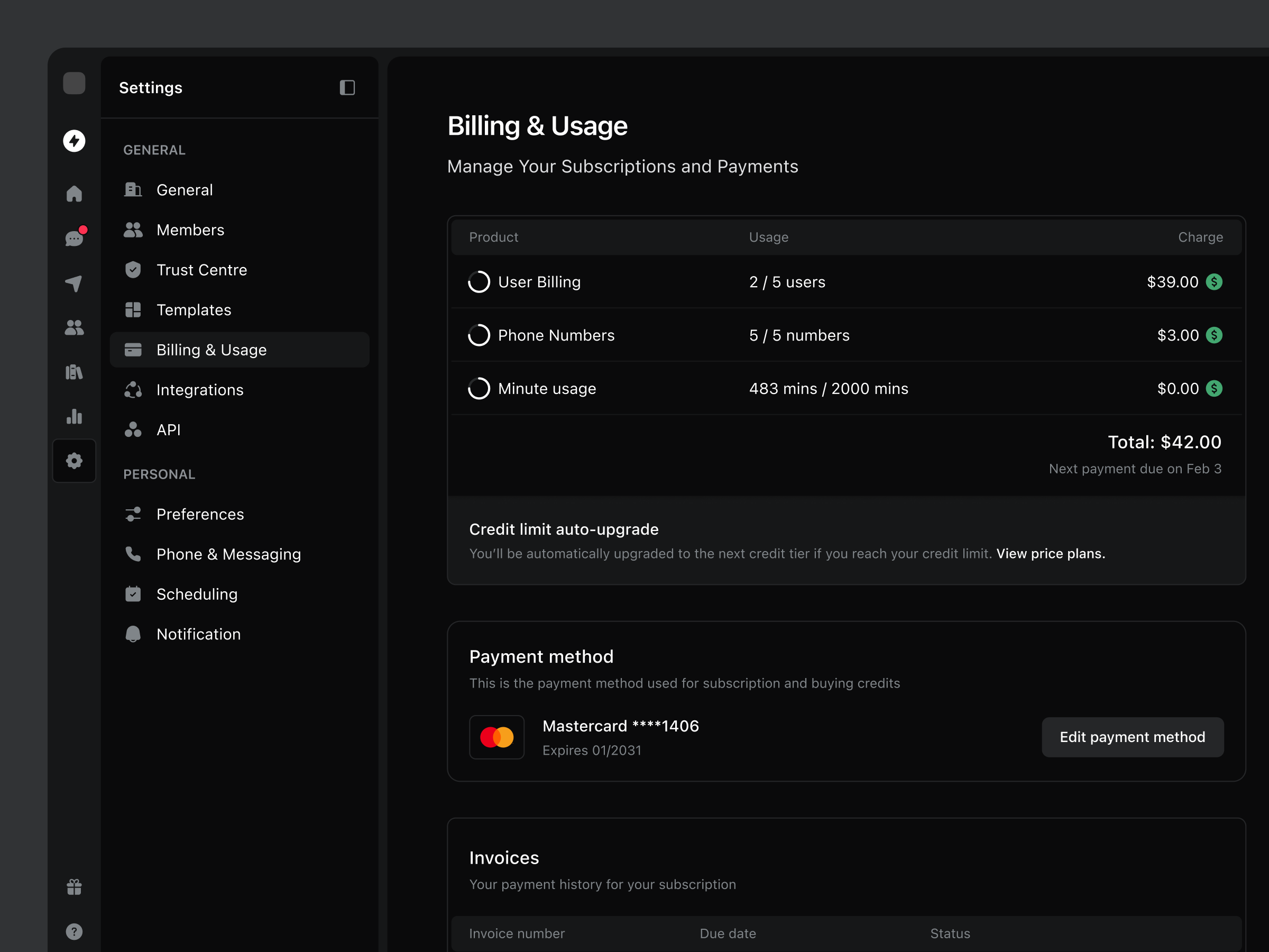 Billing & Usage Settings / Dark Mode