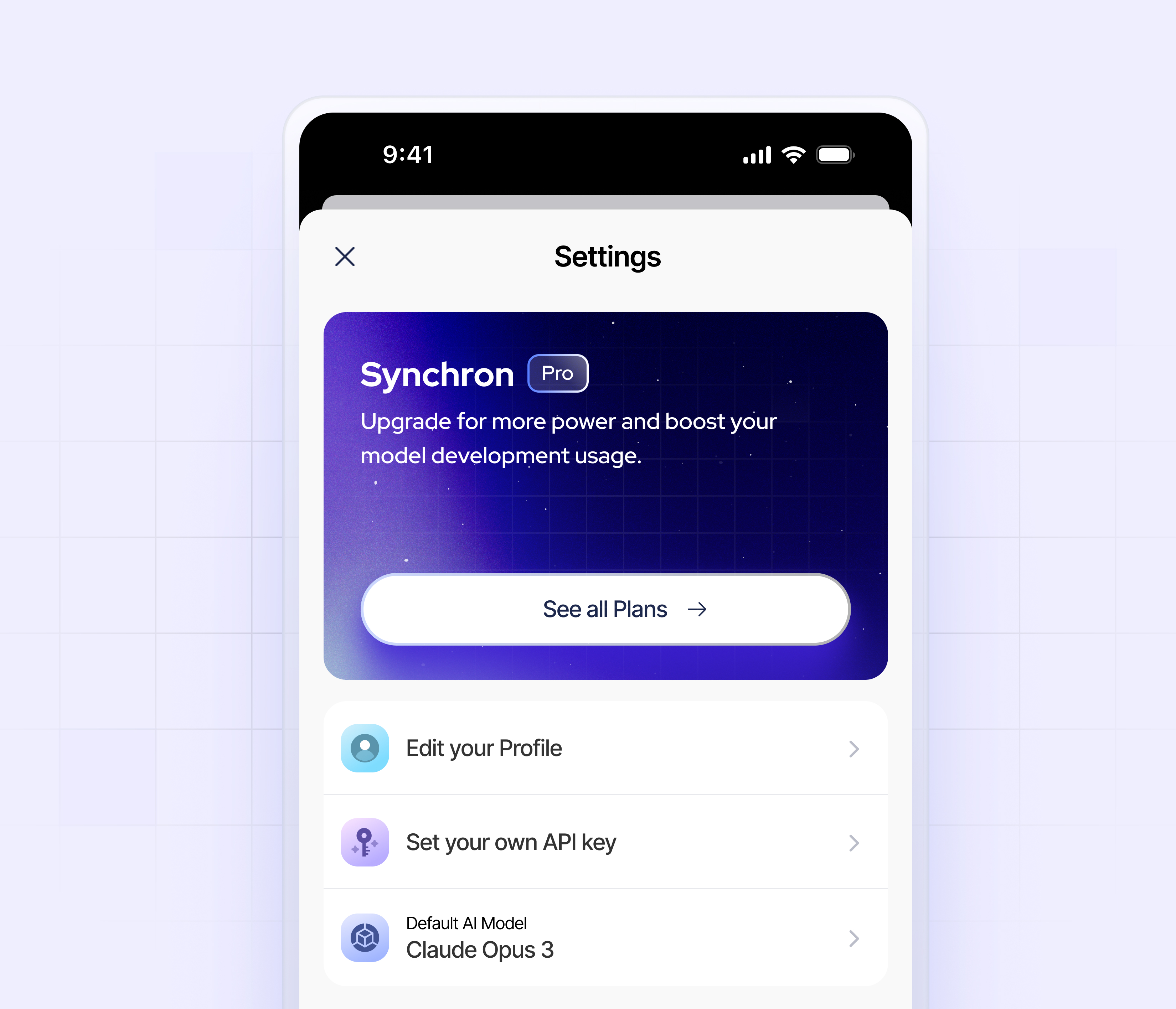 Settings page Concept for Synchron mobile app
