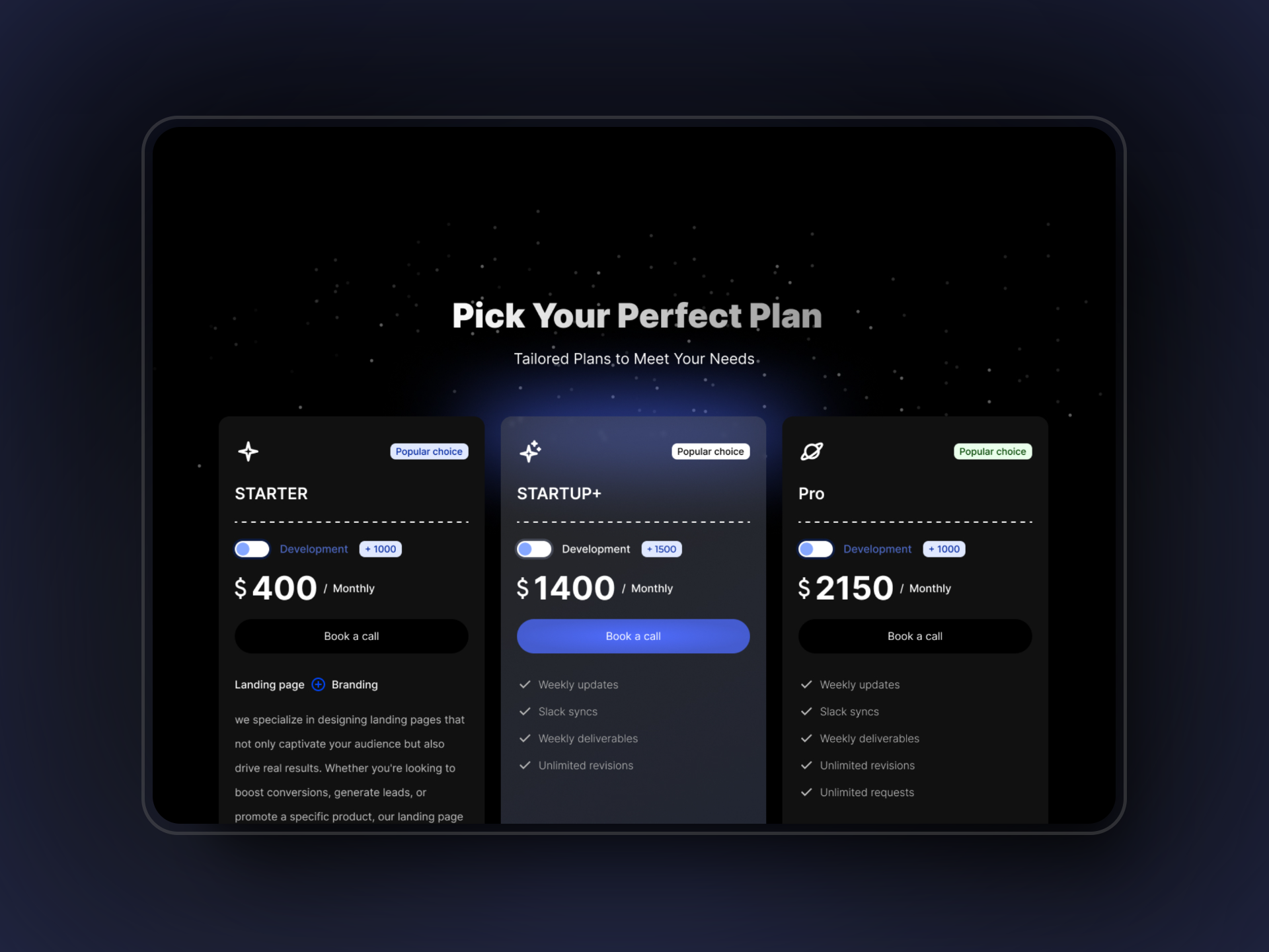 Pricing section UI - Dark mode